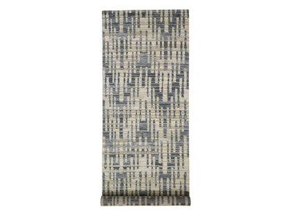 Modern / Contemporary hand-knotted wool/silk rug in Blue, 4' x 12'4" — SKU O066518