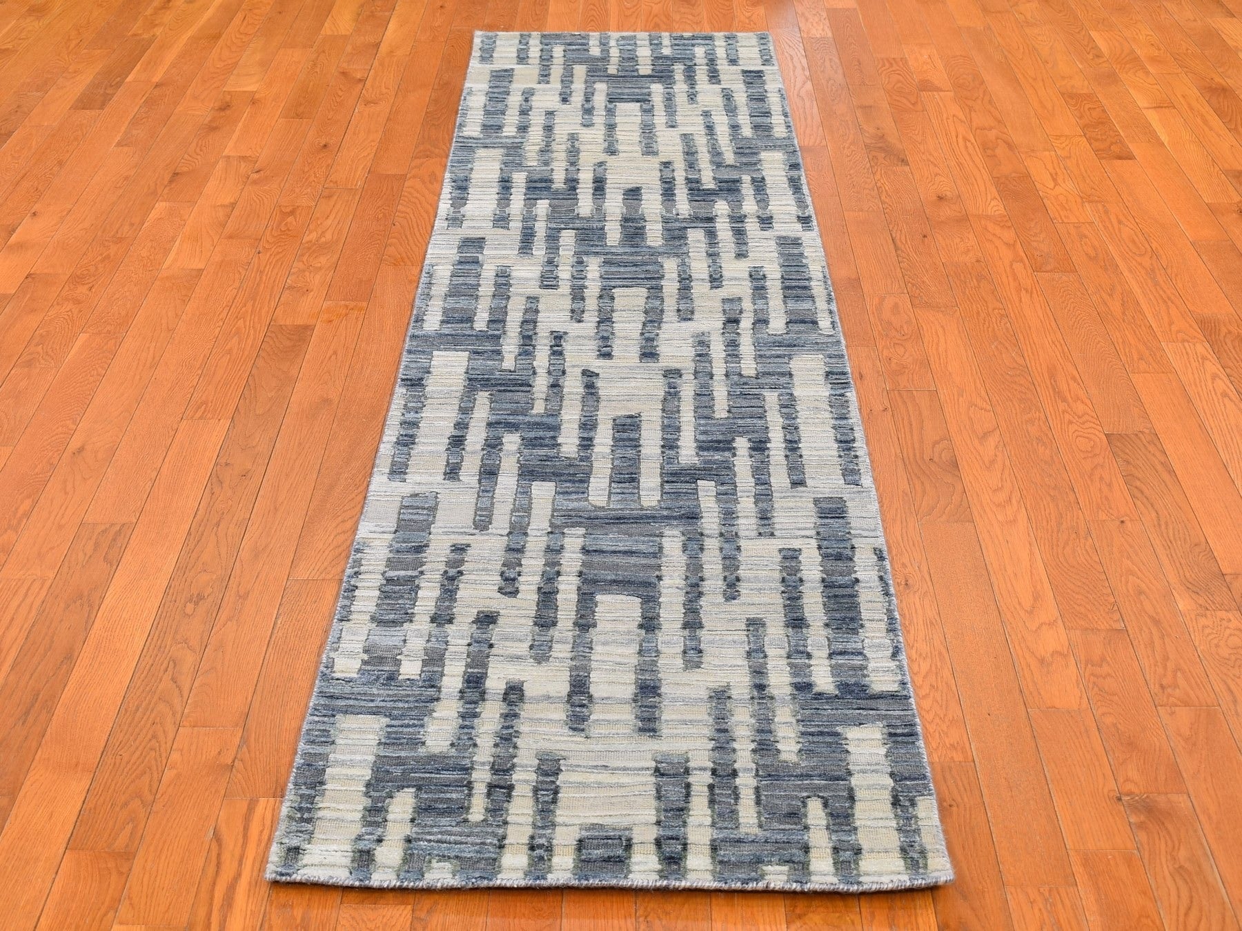 Modern / Contemporary hand-knotted wool/silk rug in Blue, 2'6" x 10'4" — SKU O066532 (view 2)