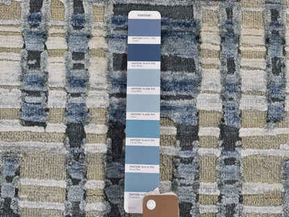 Modern / Contemporary hand-knotted wool/silk rug in Blue, 2'6" x 10'4" — SKU O066532 (view 3)