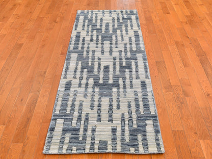 Modern / Contemporary hand-knotted wool/silk rug in Blue, 2'7" x 8'2" — SKU O066535 (view 2)