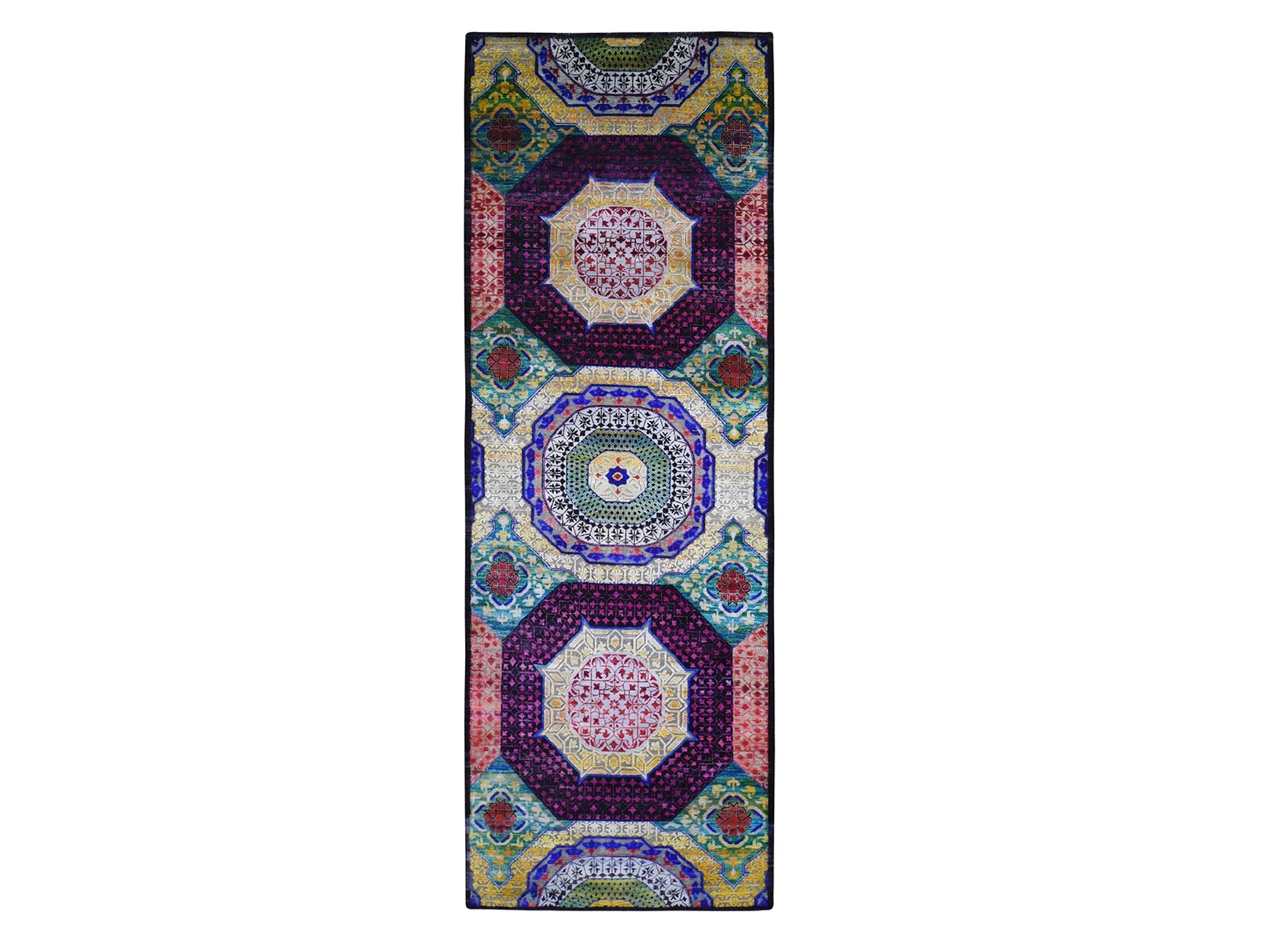 Mamluk Modern / Contemporary hand-knotted wool/silk rug in Yellow, 4'1" x 12'3" — SKU O066544