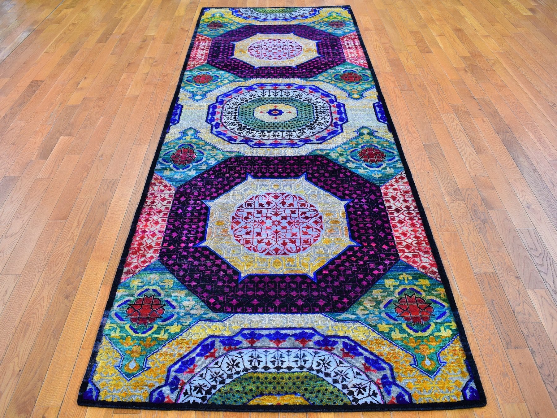 Mamluk Modern / Contemporary hand-knotted wool/silk rug in Yellow, 4'1" x 12'3" — SKU O066544 (view 2)