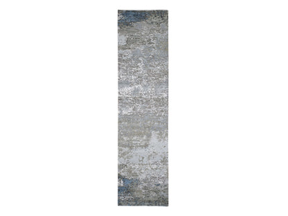 Grey 2'6" x 10'6" Modern / Contemporary Hand knotted Wool/Silk Rug - Sku: O066556