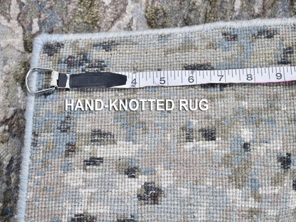 Grey 2'6" x 10'6" Modern / Contemporary Hand knotted Wool/Silk Rug - Sku: O066556