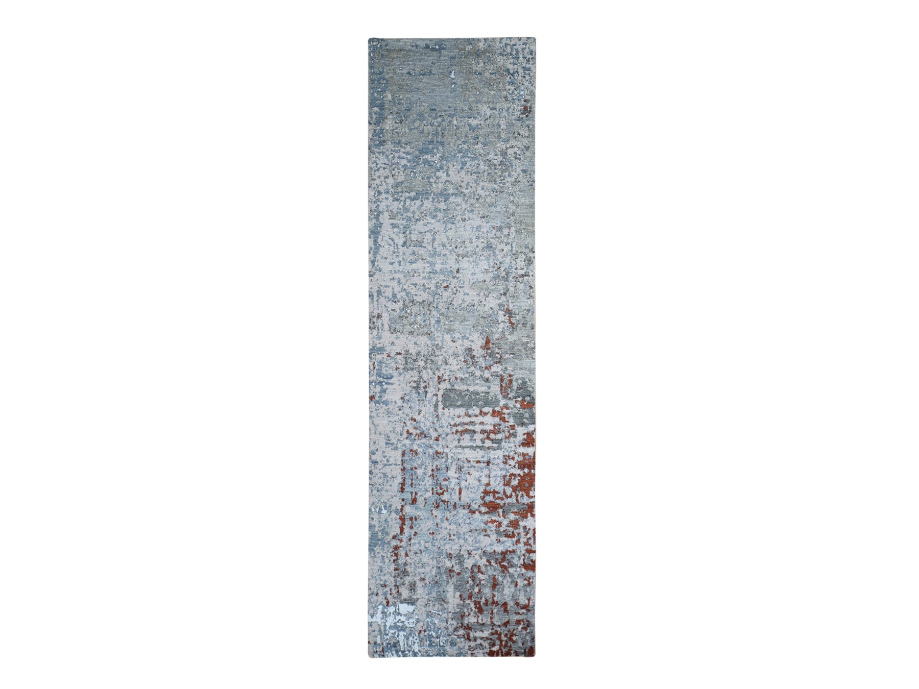 Blue 2'6" x 10'2" Modern / Contemporary Hand knotted Wool/Silk Rug - Sku: O066570