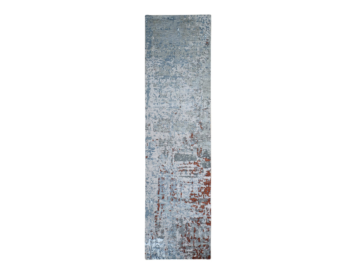 Modern / Contemporary hand-knotted wool/silk runner in Blue, 2'6" x 10'2" — SKU O066570