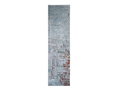 Modern / Contemporary hand-knotted wool/silk runner in Blue, 2'6" x 10'2" — SKU O066570