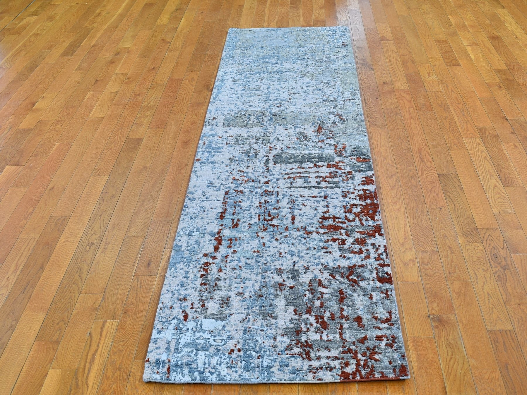 Modern / Contemporary hand-knotted wool/silk runner in Blue, 2'6" x 10'2" — SKU O066570 (view 2)