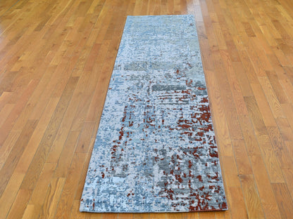 Modern / Contemporary hand-knotted wool/silk runner in Blue, 2'6" x 10'2" — SKU O066570 (view 2)
