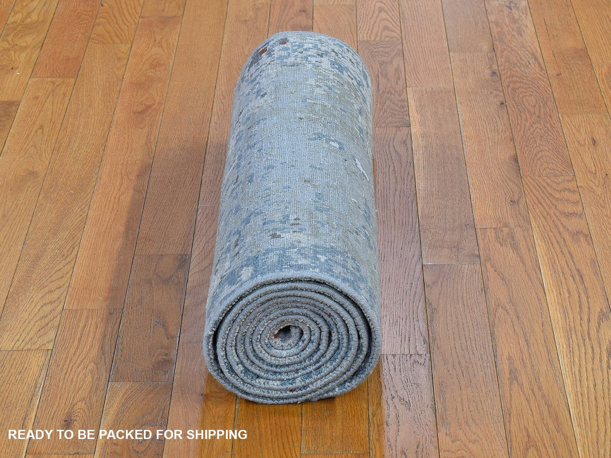 Modern / Contemporary hand-knotted wool/silk runner in Blue, 2'6" x 10'2" — SKU O066570 (view 5)