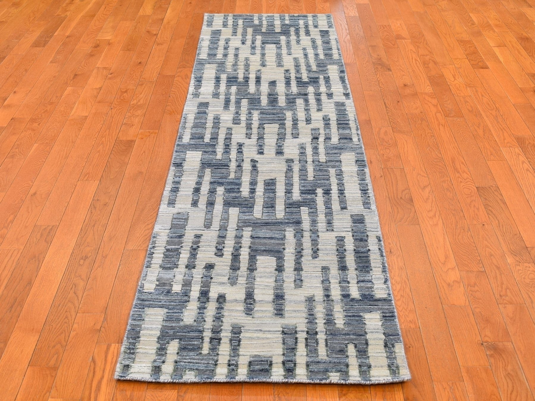 Modern / Contemporary hand-knotted wool/silk rug in Blue, 2'6" x 10'3" — SKU O066584 (view 2)