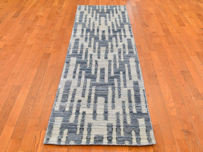 Modern / Contemporary hand-knotted wool/silk rug in Blue, 2'6" x 10'3" — SKU O066584 (view 2)