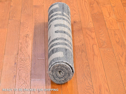 Modern / Contemporary hand-knotted wool/silk rug in Blue, 2'6" x 8'3" — SKU O066585 (view 5)