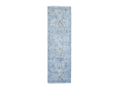 Oushak Transitional hand-knotted wool/silk runner in Blue, 2'6" x 8' — SKU O066587