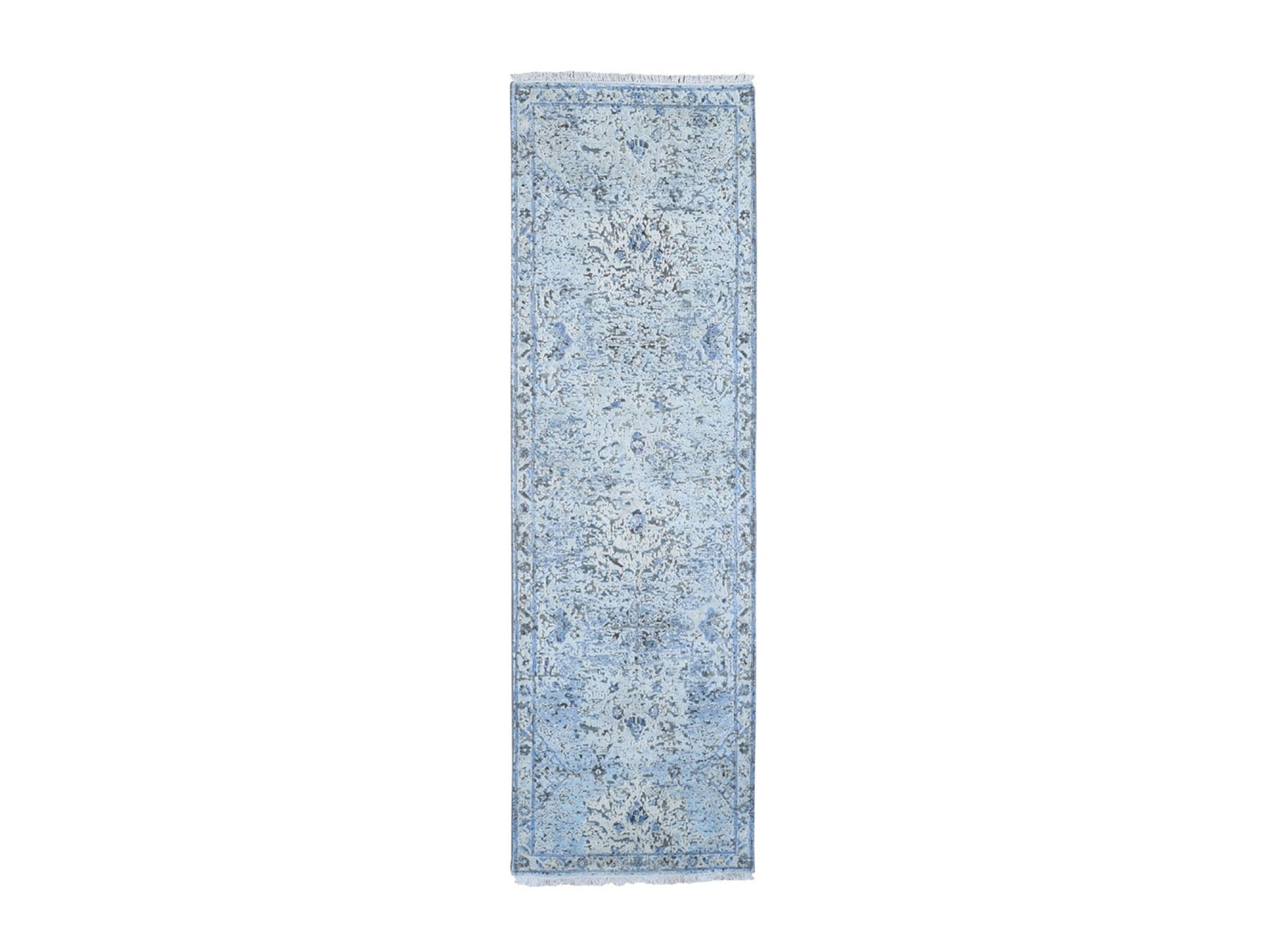 Oushak Transitional hand-knotted wool/silk runner in Blue, 2'6" x 8' — SKU O066588