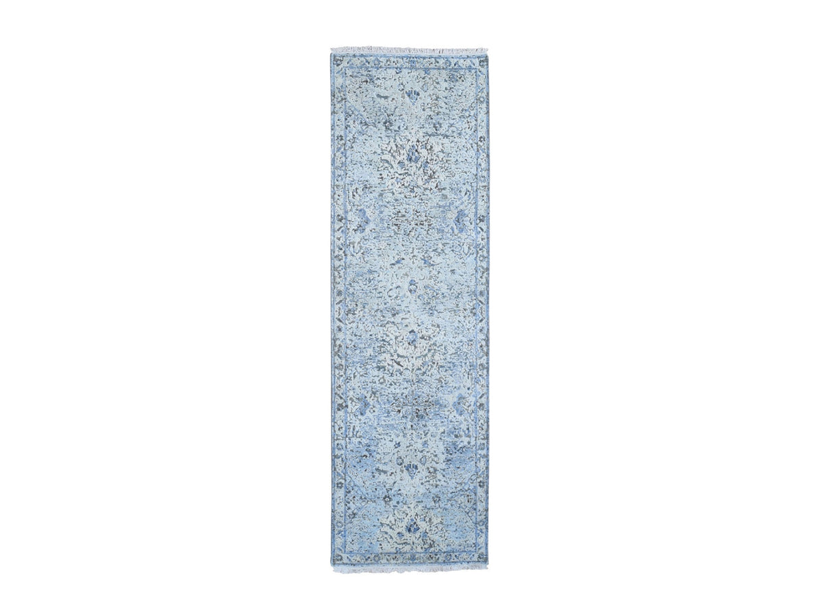 Oushak Transitional hand-knotted wool/silk runner in Blue, 2'6" x 8' — SKU O066588