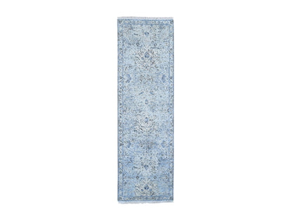 Oushak Transitional hand-knotted wool/silk runner in Blue, 2'6" x 8' — SKU O066588
