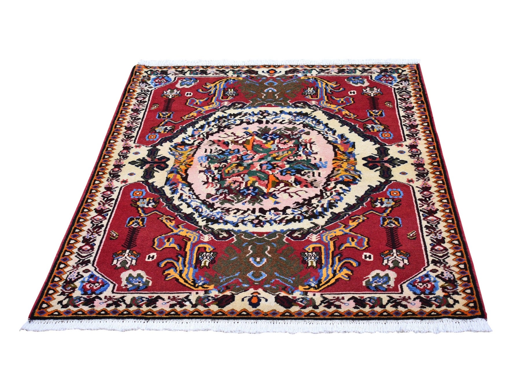 Persian hand-knotted wool rug in Red & Ivory, 3'7" x 5' — SKU O066628