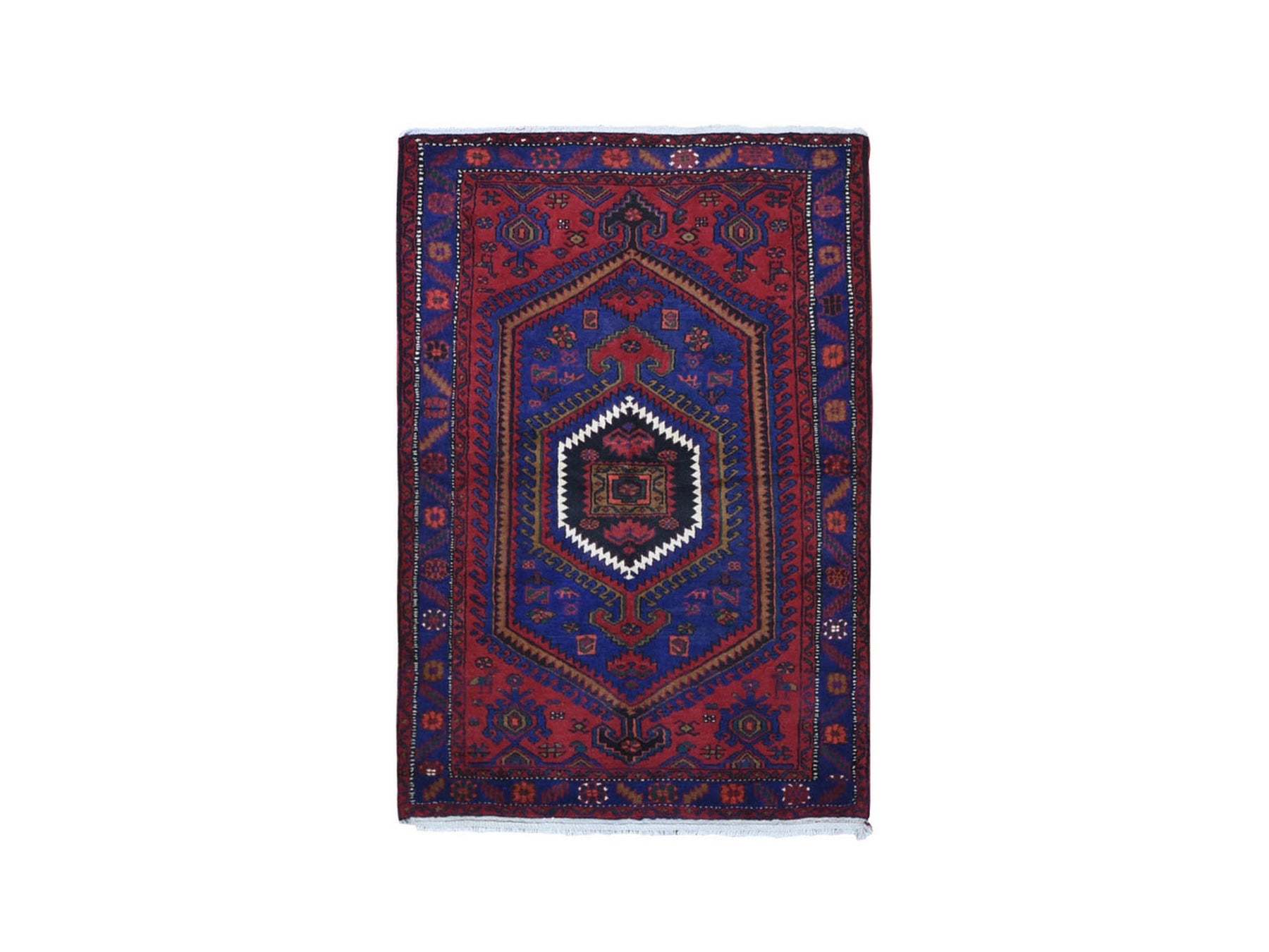 Hamadan Persian hand-knotted wool rug in Red & Ultramarine, 4'6" x 6'8" — SKU O066672