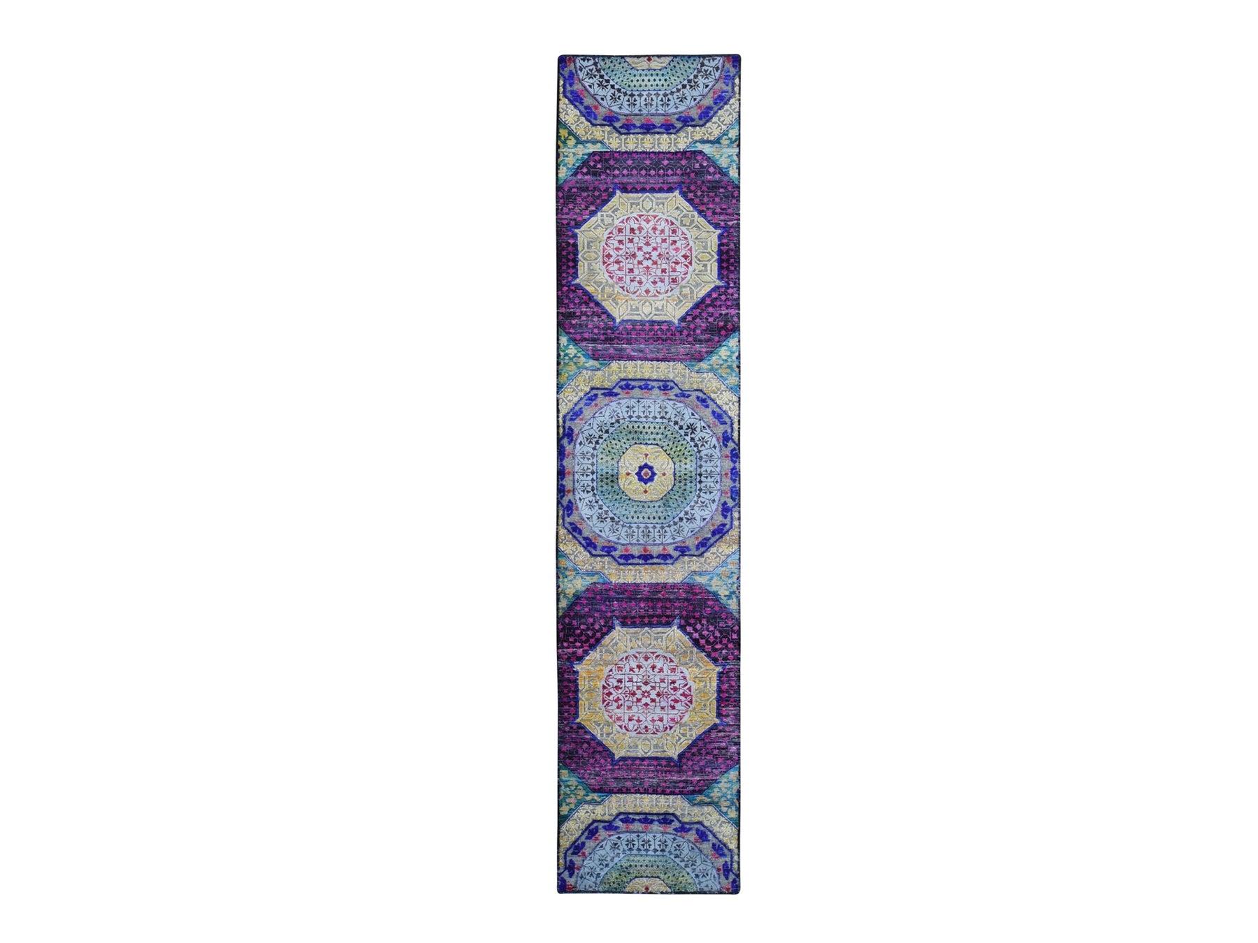 Mamluk Modern / Contemporary hand-knotted wool/silk runner in Yellow, 2'7" x 12' — SKU O066696