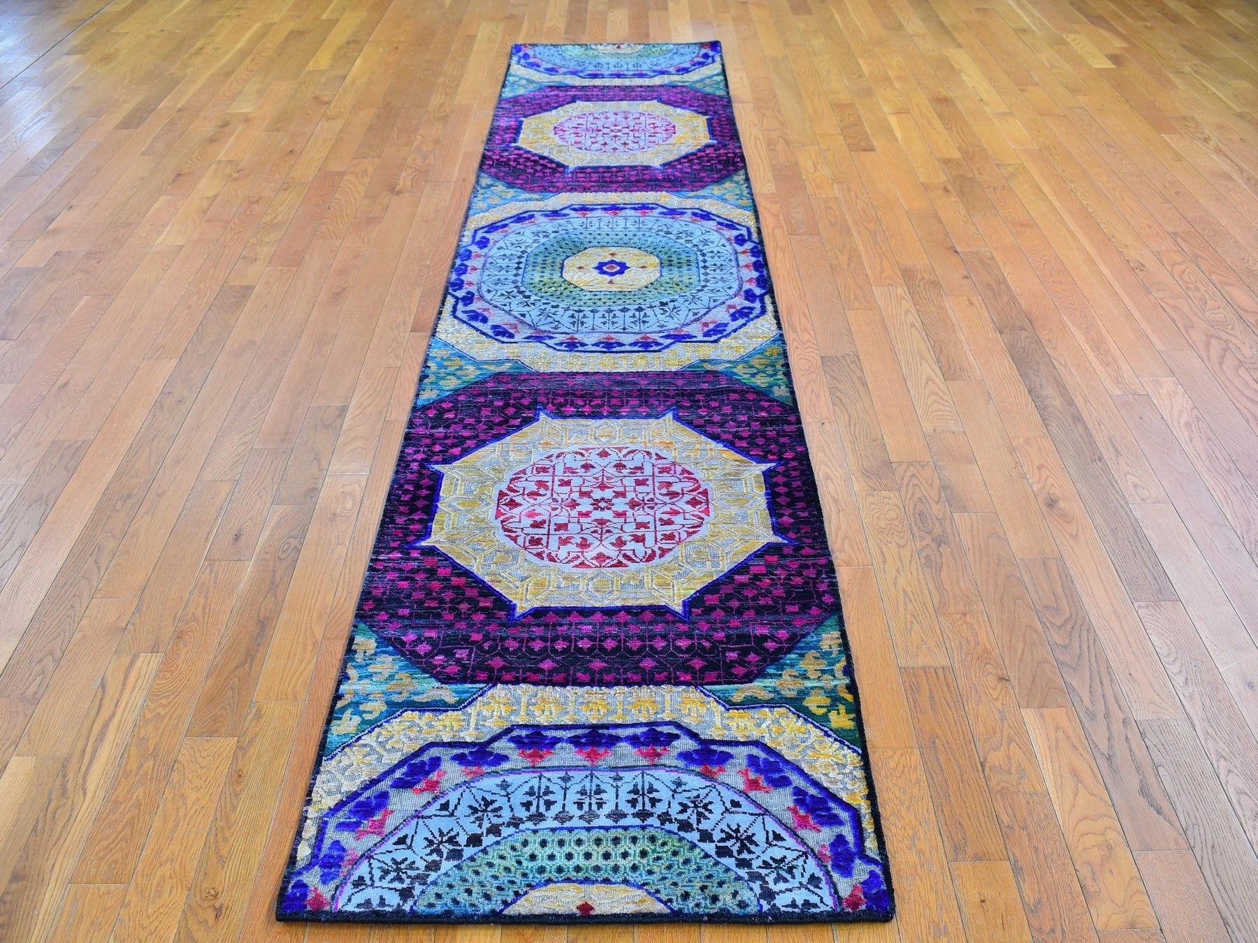 Mamluk Modern / Contemporary hand-knotted wool/silk runner in Yellow, 2'7" x 12' — SKU O066696 (view 2)