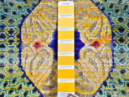 Yellow 2'7" x 12'0" Modern / Contemporary Hand knotted Wool/Silk Rug - Sku: O066696