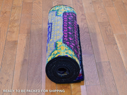 Yellow 2'7" x 12'0" Modern / Contemporary Hand knotted Wool/Silk Rug - Sku: O066696