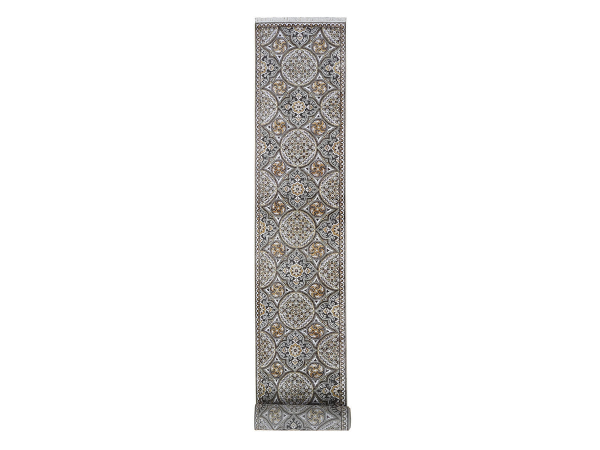 Transitional hand-knotted wool/silk runner in Brown & Pinecone, 2'6" x 24'1" — SKU O066721