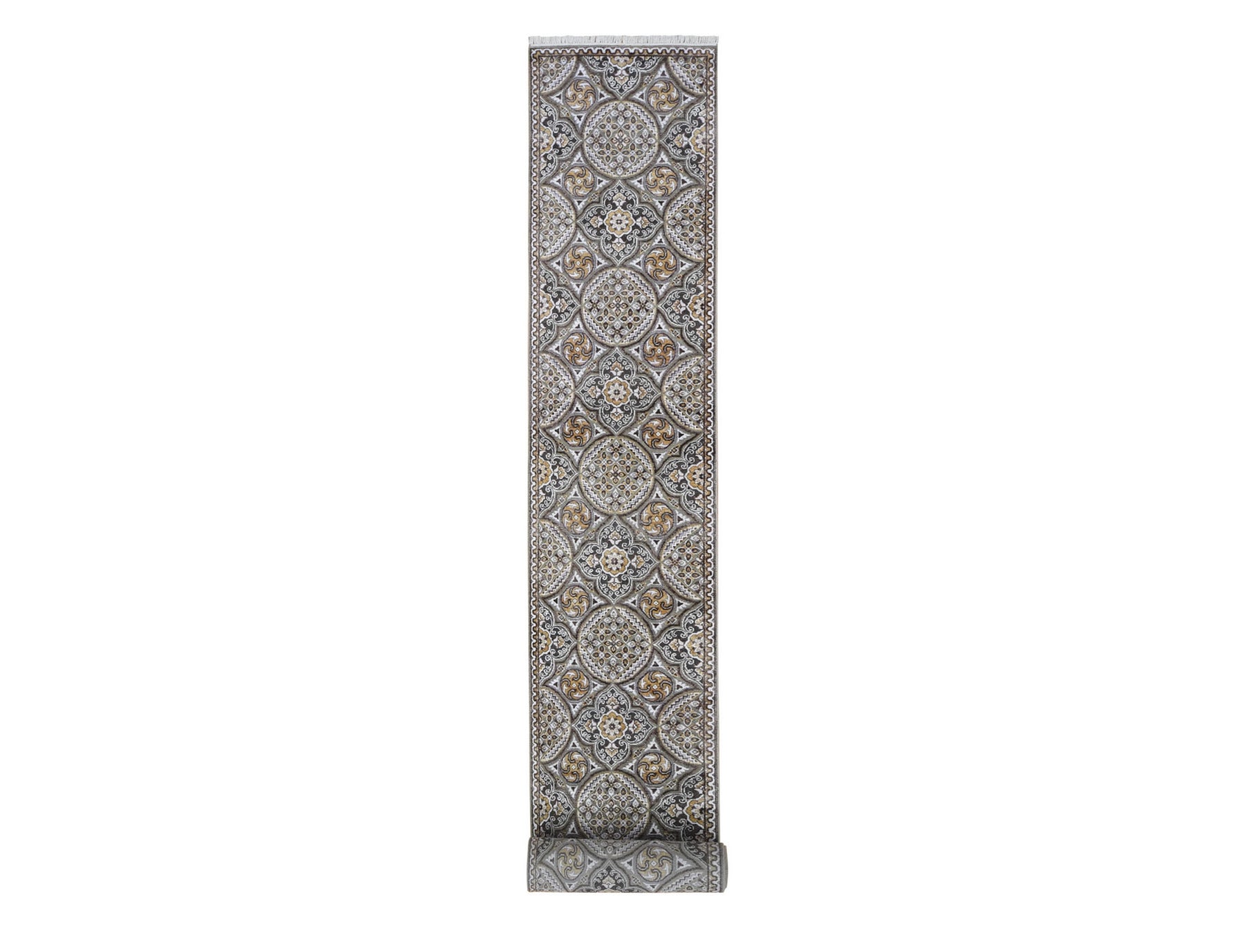 Transitional hand-knotted wool/silk runner in Brown & Pinecone, 2'6" x 24'1" — SKU O066721