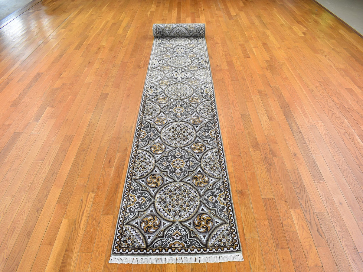 Transitional hand-knotted wool/silk runner in Brown & Pinecone, 2'6" x 24'1" — SKU O066721 (view 2)