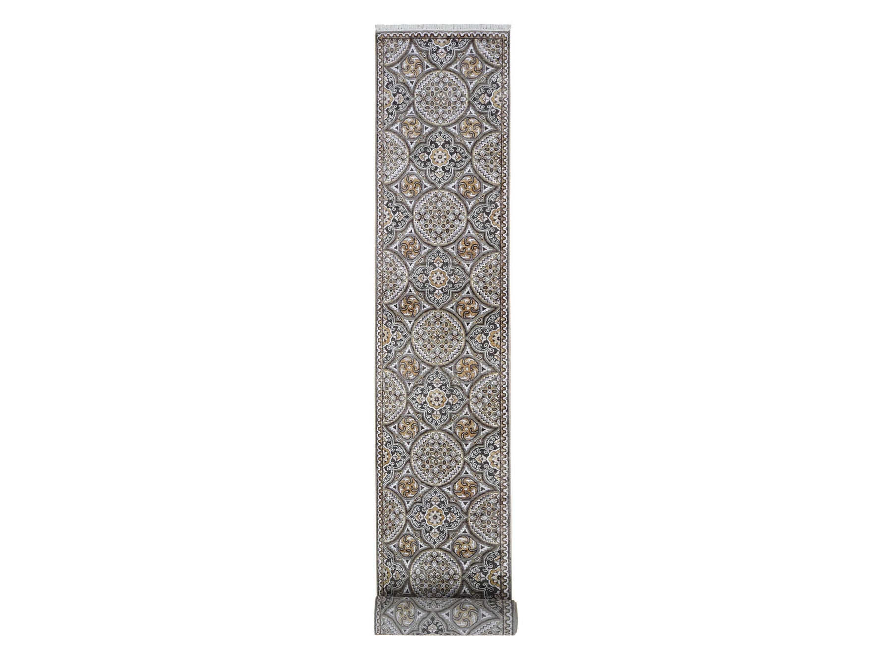 Transitional hand-knotted wool/silk runner in Brown & Pinecone, 2'6" x 22'5" — SKU O066722