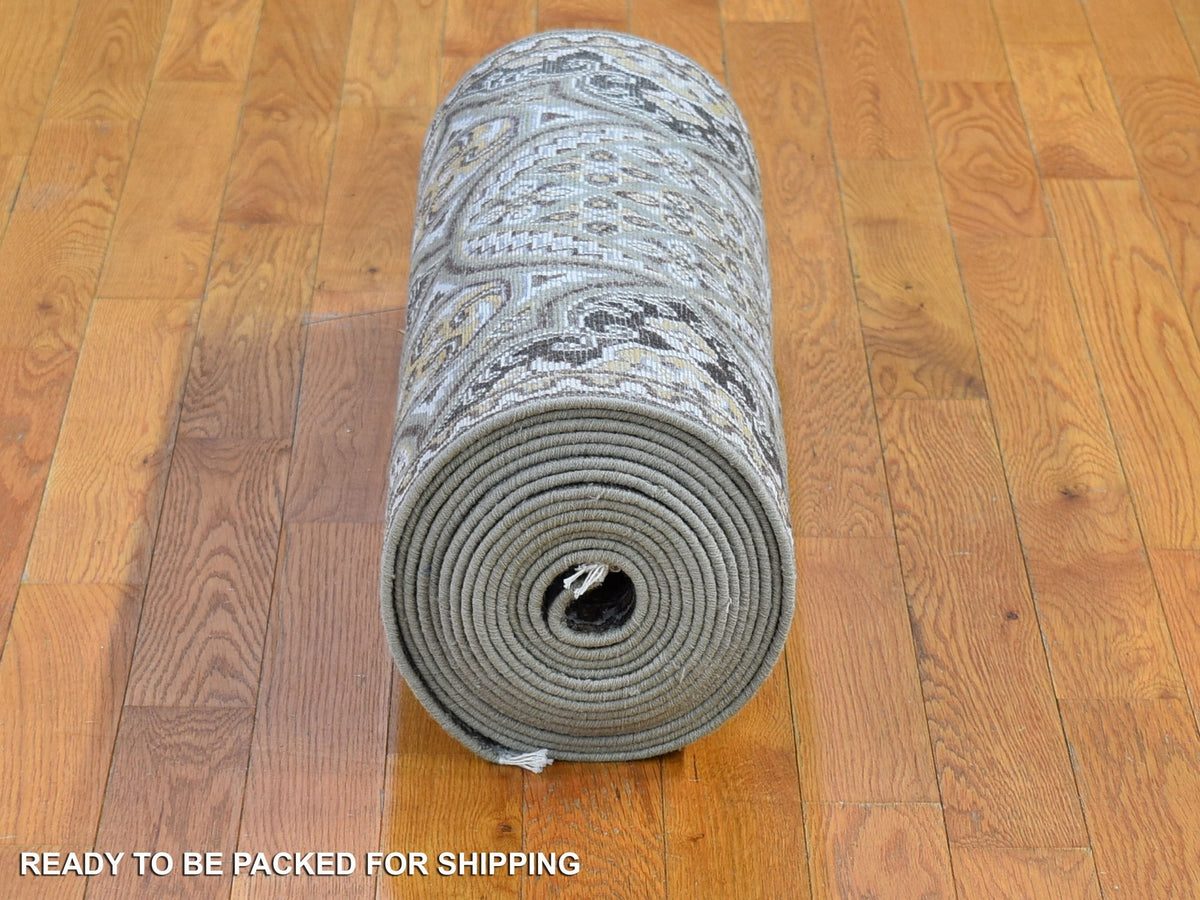 Transitional hand-knotted wool/silk runner in Brown & Pinecone, 2'6" x 22'5" — SKU O066722 (view 6)