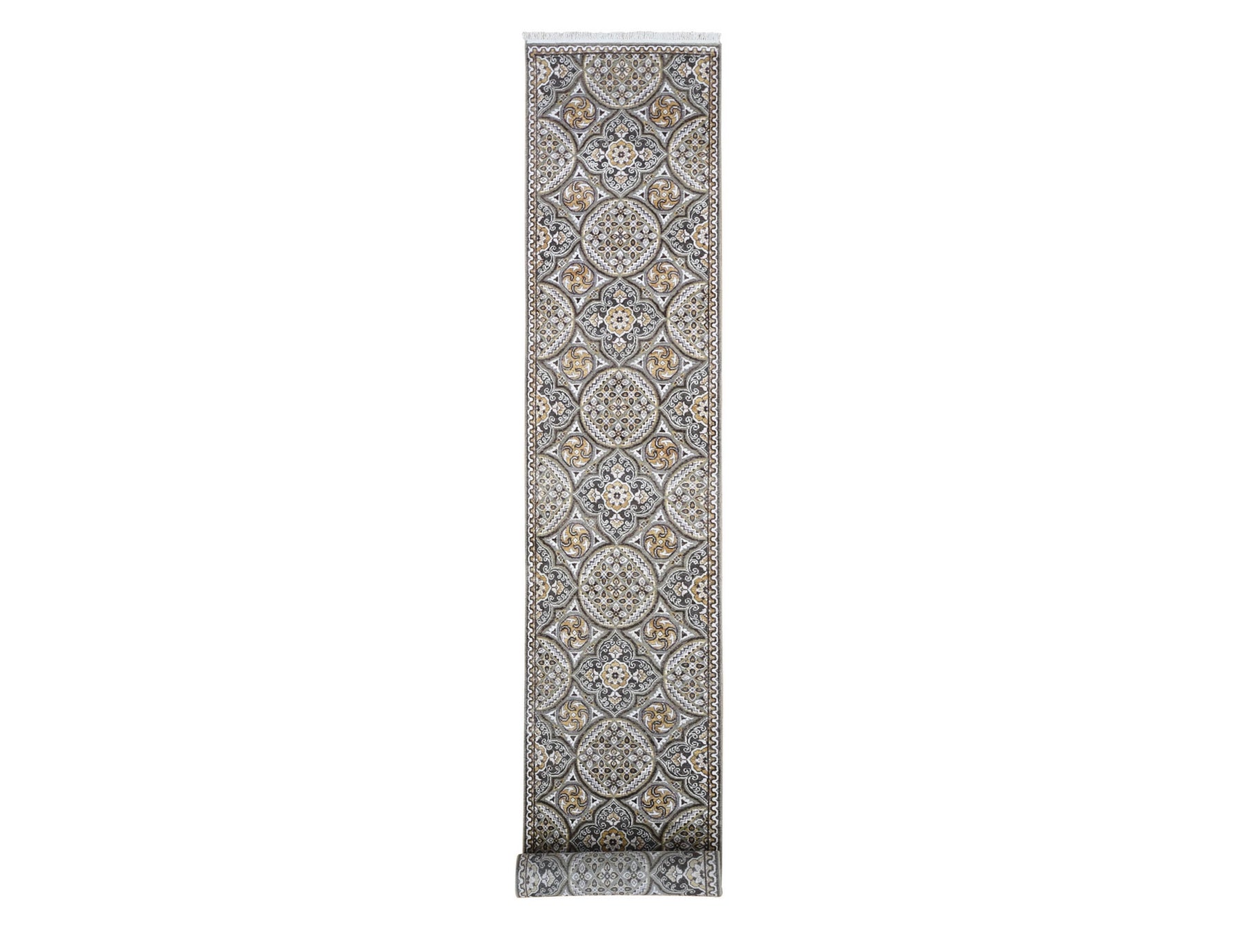 Transitional hand-knotted wool/silk runner in Brown, 2'6" x 16'3" — SKU O066723