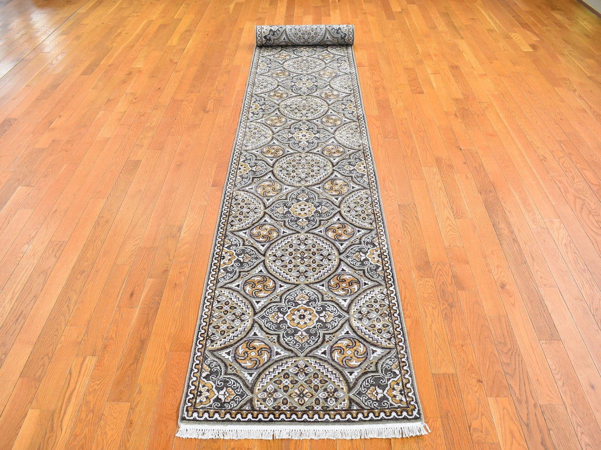 Transitional hand-knotted wool/silk runner in Brown, 2'6" x 16'3" — SKU O066723 (view 2)