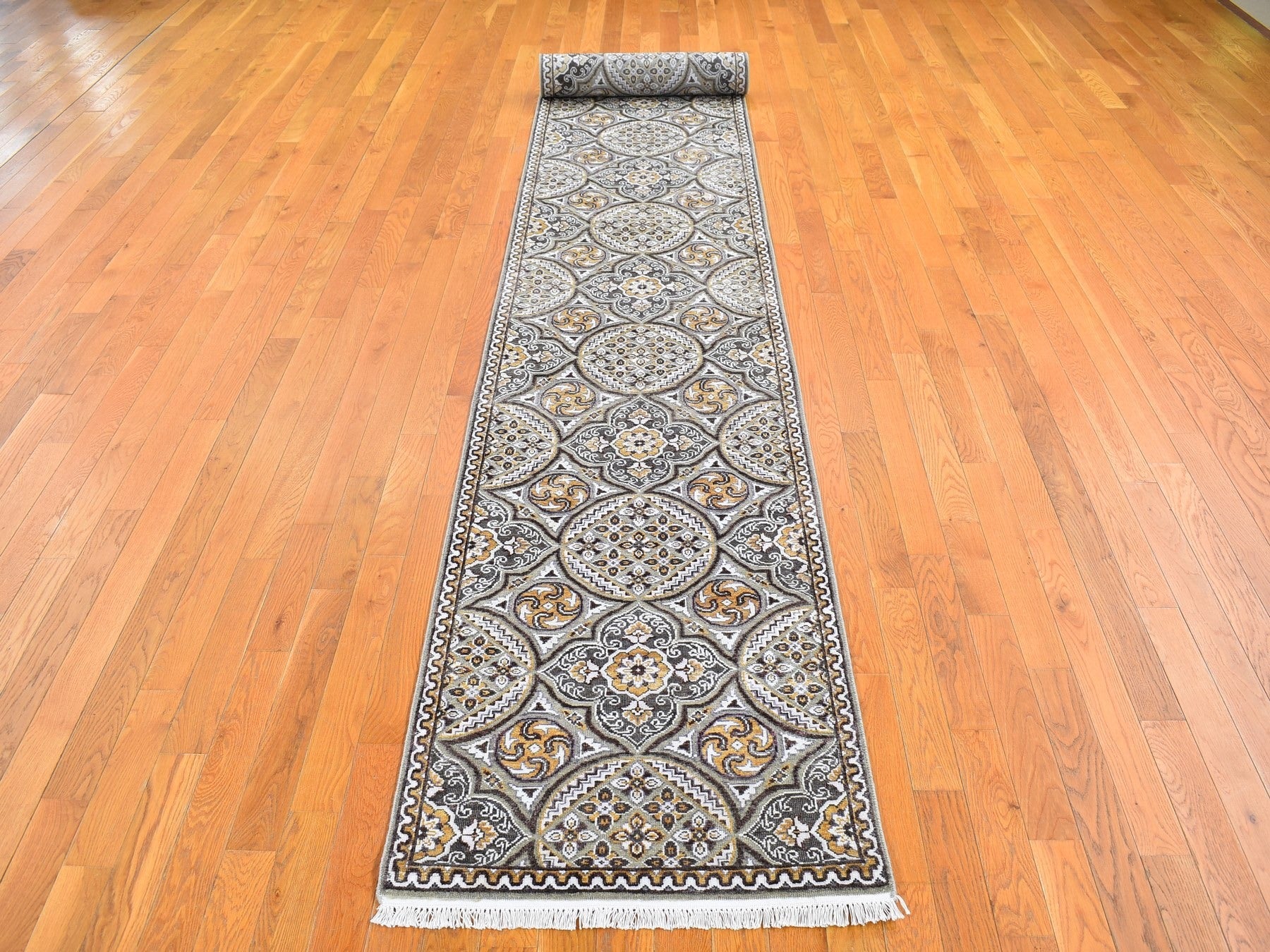 Transitional hand-knotted wool/silk runner in Brown, 2'6" x 16'3" — SKU O066723 (view 2)