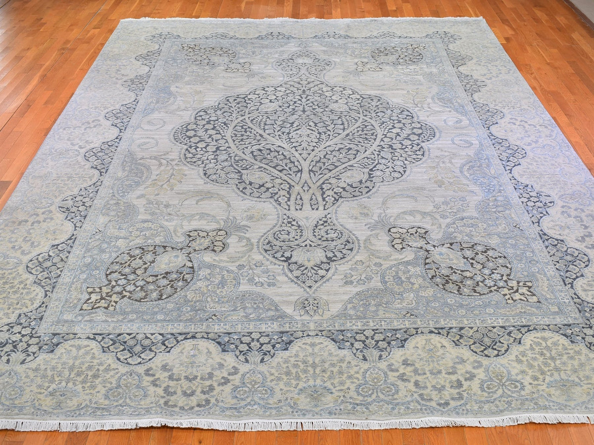 Transitional hand-knotted wool/silk rug in Ivory, 11'10" x 16' — SKU O066735 (view 2)