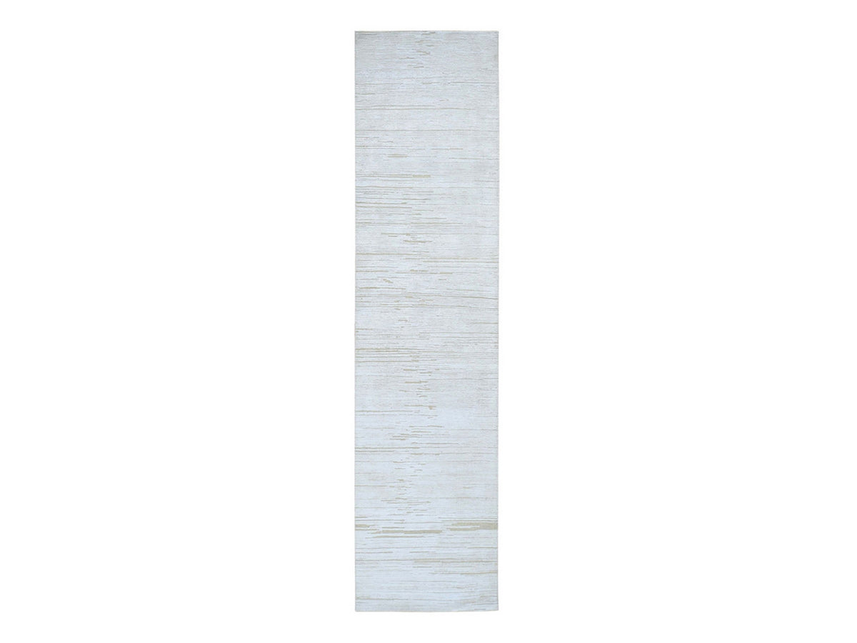 Modern / Contemporary hand-knotted wool/silk runner in Ivory, 2'6" x 12' — SKU O066806