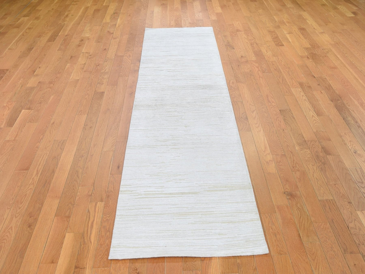 Modern / Contemporary hand-knotted wool/silk runner in Ivory, 2'6" x 12' — SKU O066806 (view 2)