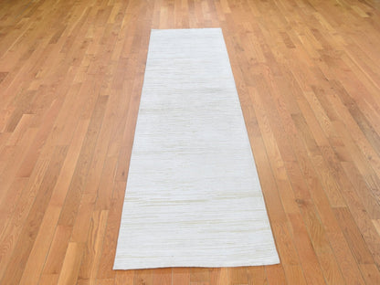 Modern / Contemporary hand-knotted wool/silk runner in Ivory, 2'6" x 12' — SKU O066806 (view 2)