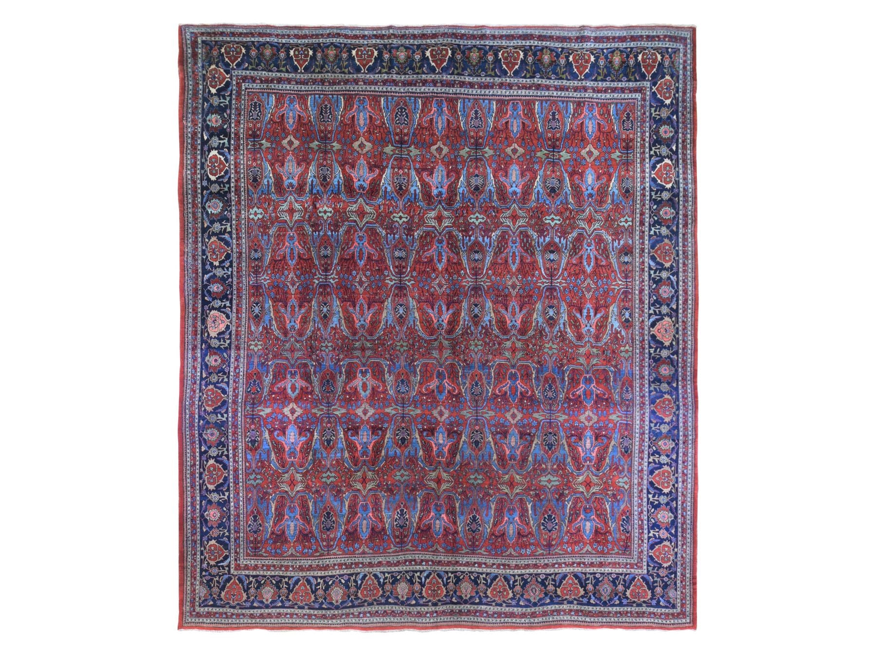 Antique hand-knotted wool rug in Red & Navy Blue, 12'5" x 13'9" — SKU O066865