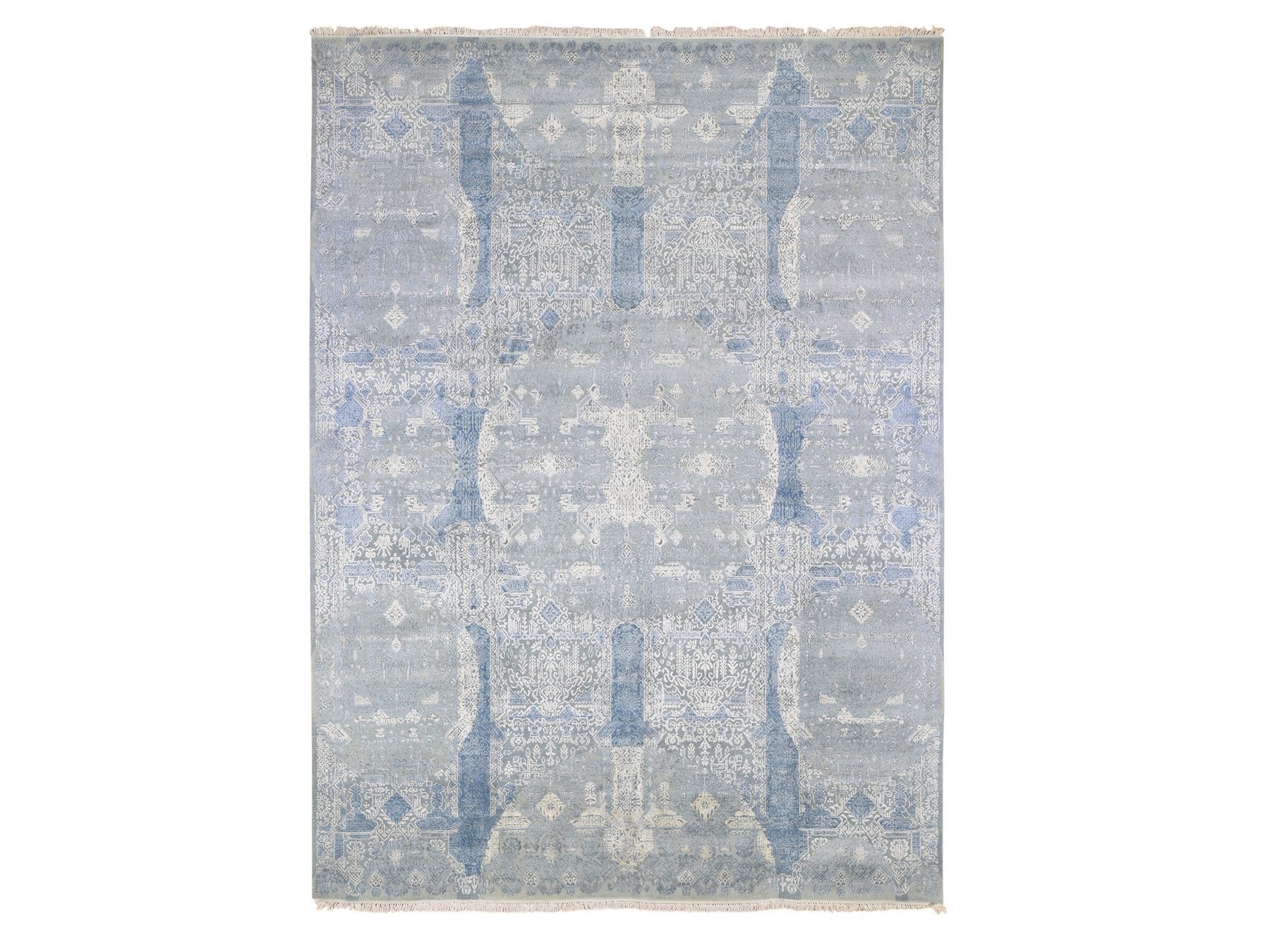 Transitional hand-knotted wool/pure silk rug in Blue, 9' x 12'2" — SKU O066954