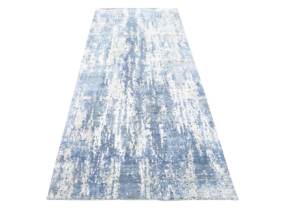 Modern / Contemporary hand-knotted wool/silk runner in Blue, 4'1" x 10'2" — SKU O066963