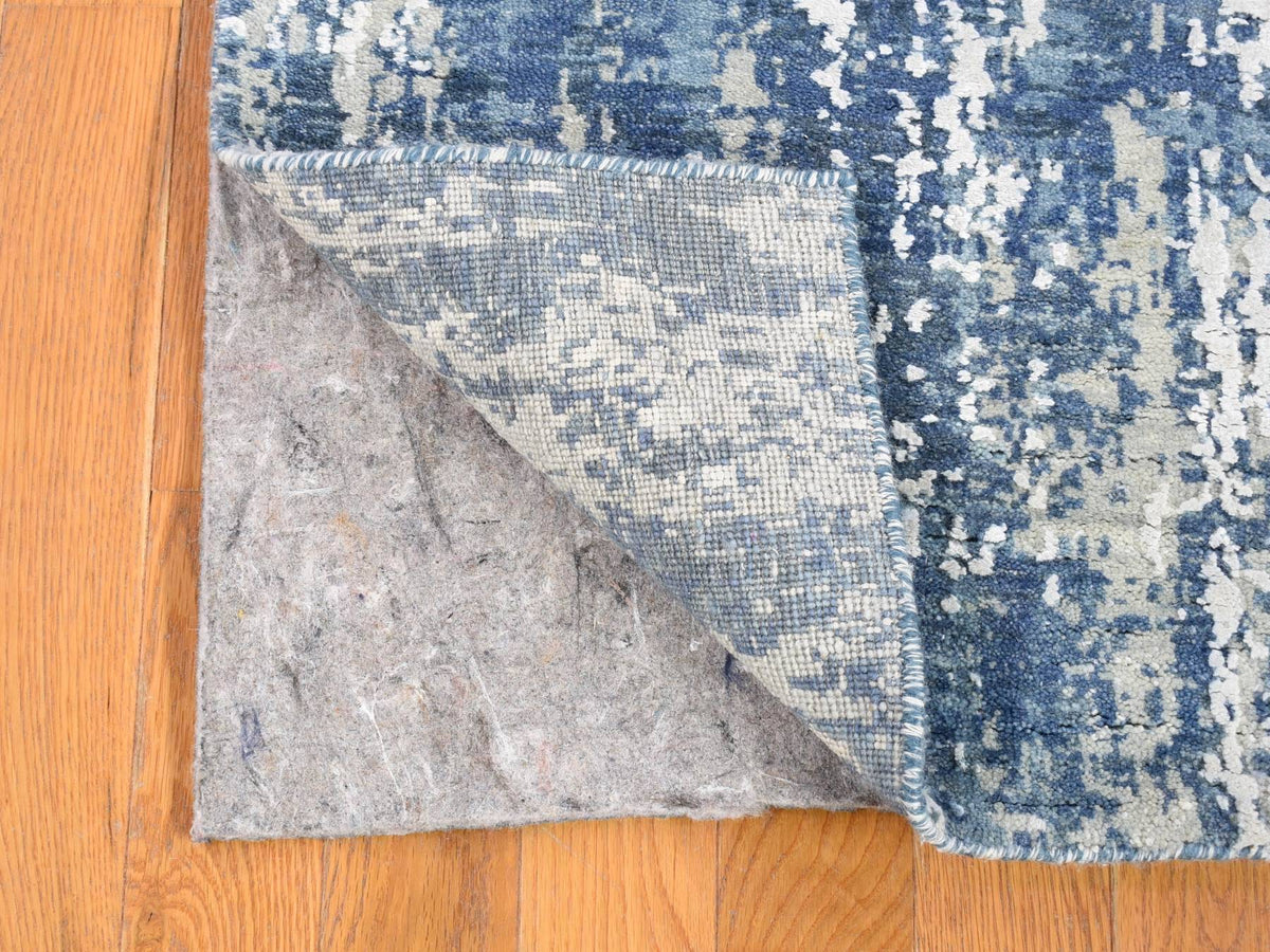 Modern / Contemporary hand-knotted wool/silk runner in Blue, 4'1" x 10'2" — SKU O066963 (view 2)