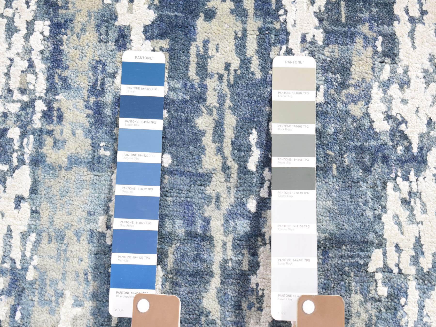 Modern / Contemporary hand-knotted wool/silk runner in Blue, 4'1" x 10'2" — SKU O066963 (view 3)