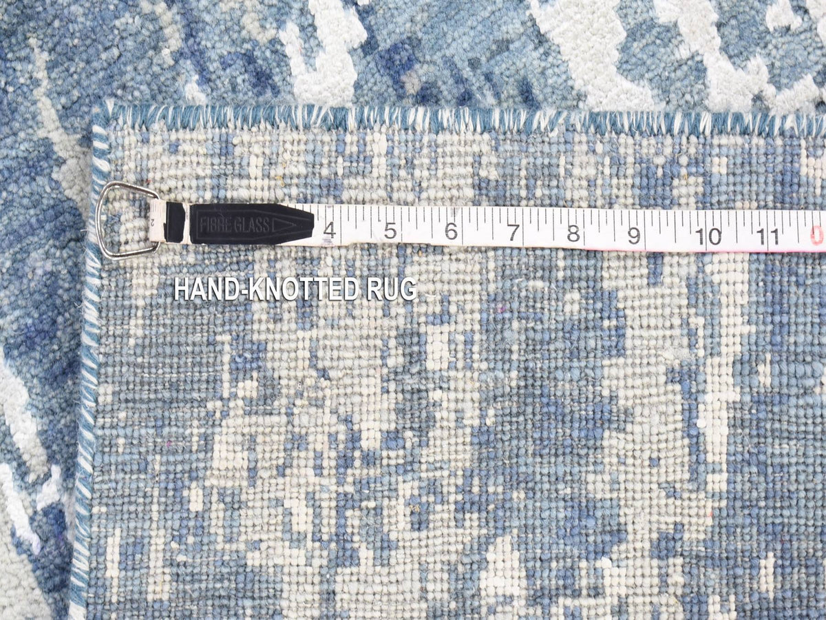 Modern / Contemporary hand-knotted wool/silk runner in Blue, 4'1" x 10'2" — SKU O066963 (view 5)