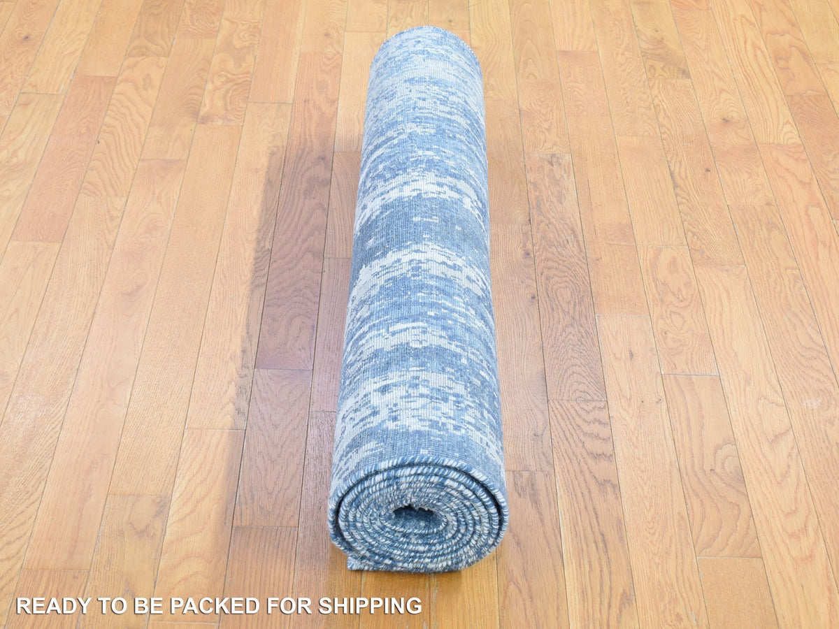 Modern / Contemporary hand-knotted wool/silk runner in Blue, 4'1" x 10'2" — SKU O066963 (view 6)