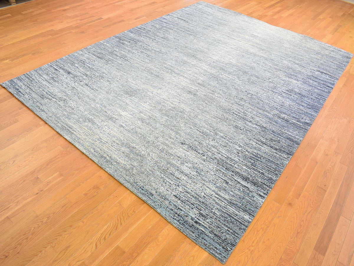 Modern / Contemporary hand-knotted wool/silk rug in Blue, 10' x 14' — SKU O066970 (view 2)