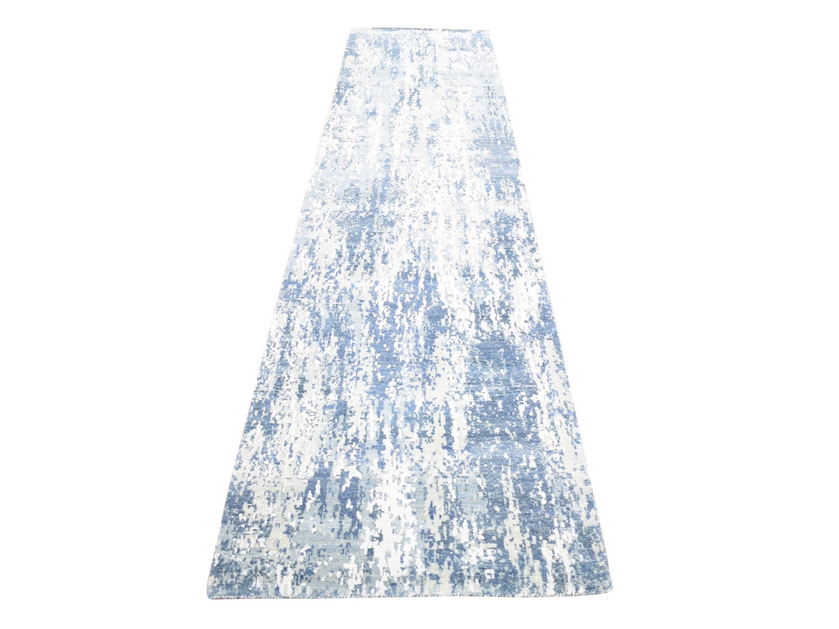 Modern / Contemporary hand-knotted wool/silk runner in Blue, 2'7" x 12'1" — SKU O066982
