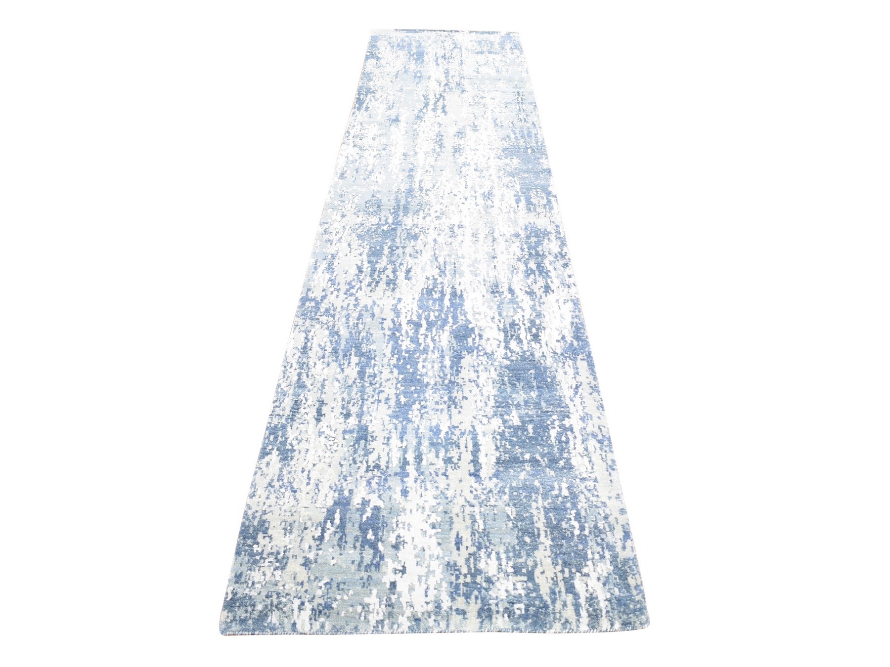 Modern / Contemporary hand-knotted wool/silk runner in Blue, 2'7" x 12'1" — SKU O066982