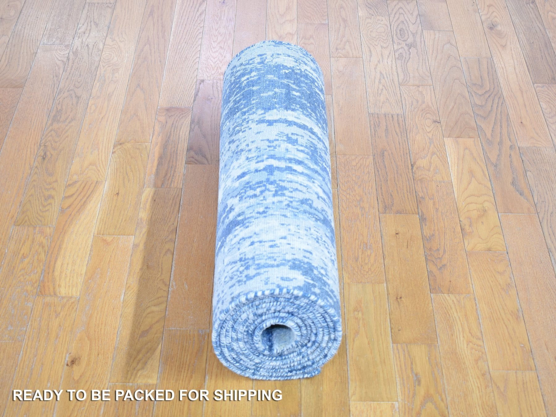 Modern / Contemporary hand-knotted wool/silk runner in Blue, 2'7" x 12'1" — SKU O066982 (view 7)